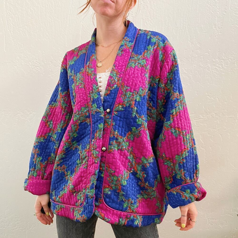 Vintage Style Quilted Blue Pink Paisley Button Up Jacket - Picture 5 of 7